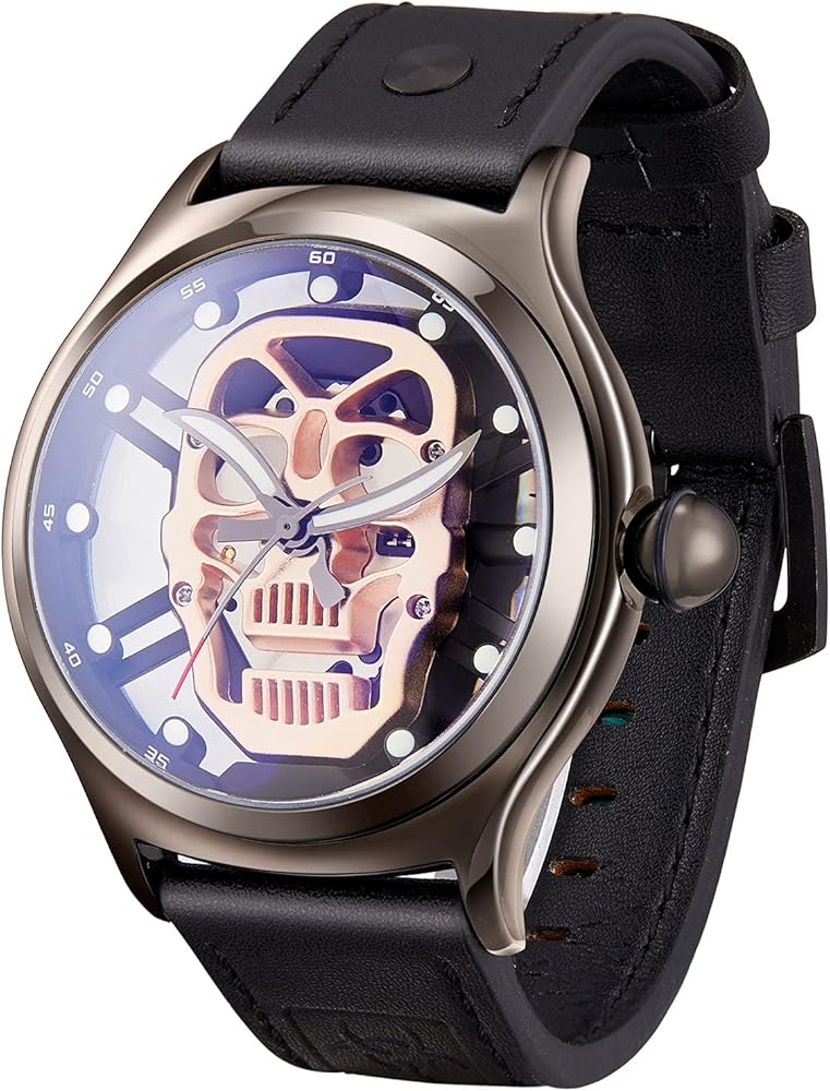 Mens Watches Japanese Quart Luminous Wrist Watches Skull Skeleton Watch Black Leather Strap Watches for Men