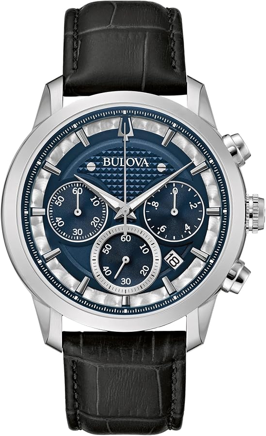 Bulova Men's Classic Sutton 6-Hand Chronograph Quartz Silver Stainless Steel Case Watch with Black Leather Strap, Blue Dial, 44mm Style: 96B420