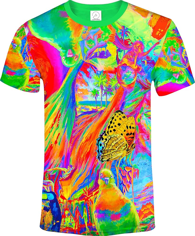 aofmoka Ultraviolet Fluorescent Handmade Art Neon Blacklight Reactive Print T-Shirt