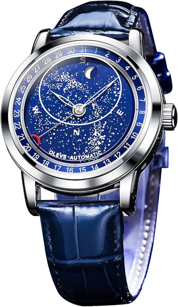 OLEVS Starry Sky Moon Phase Men's Automatic Mechanical Watches Blue Leather Luxury Dress Waterproof Luminous Wrist Watches