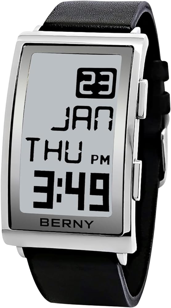 BERNY Men's Digital Sports Watch E-Ink Display Fashion LED E-Paper Watch Curved Dial Leather Band Watches with Two-time Zone Waterproof Wristwatches