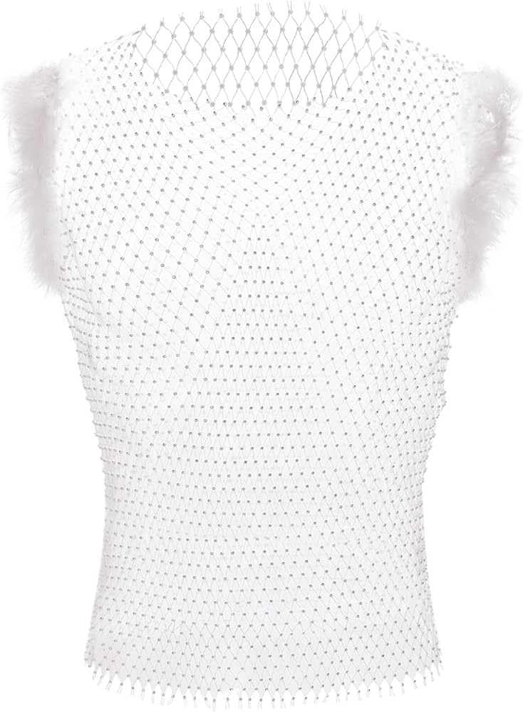 ABAFIP Men's Rhinestone Rave Crop Top Furry Sleeveless Sheer Tanks Fishnet Shirts Music Festival Outfits