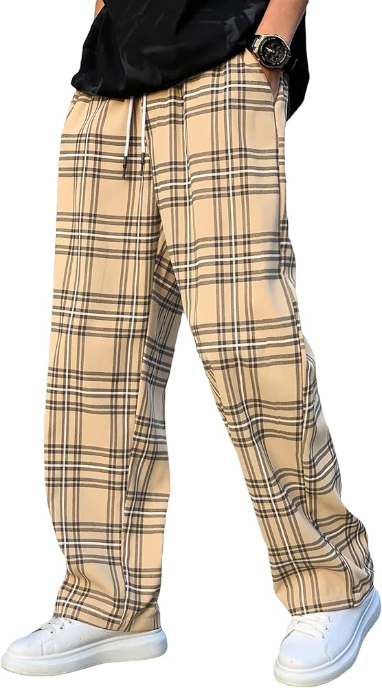 WDIRARA Men's Plaid Drawstring Waist Workout Active Pants with Pockets