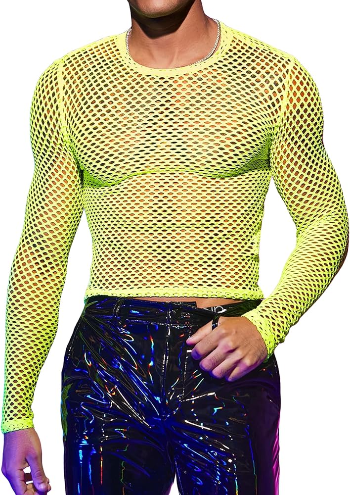 GORGLITTER Men's Fishnet Mesh Long Sleeve Crop Tee Hollow Out Round Neck Muscle Top