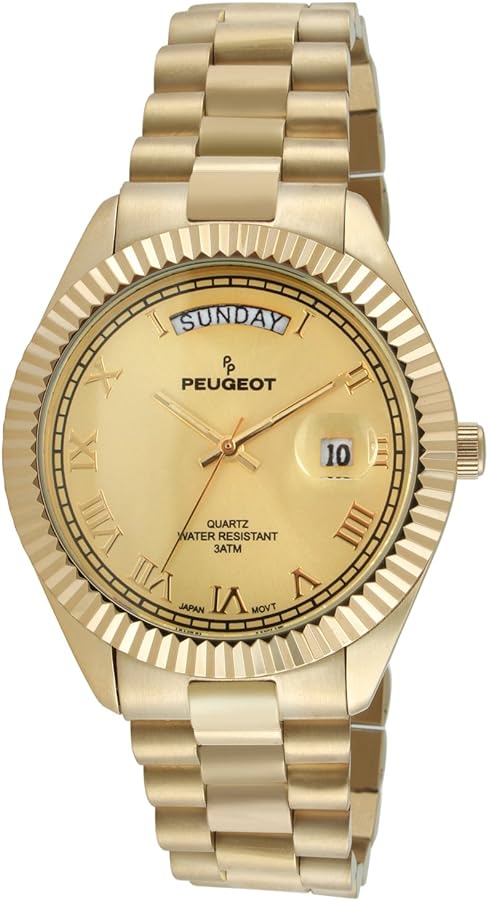 Peugeot 14K All Gold Plated Big Face Luxury Watch with Day Date Windows, Roman Numerals & Coin Edge Fluted Bezel Watch