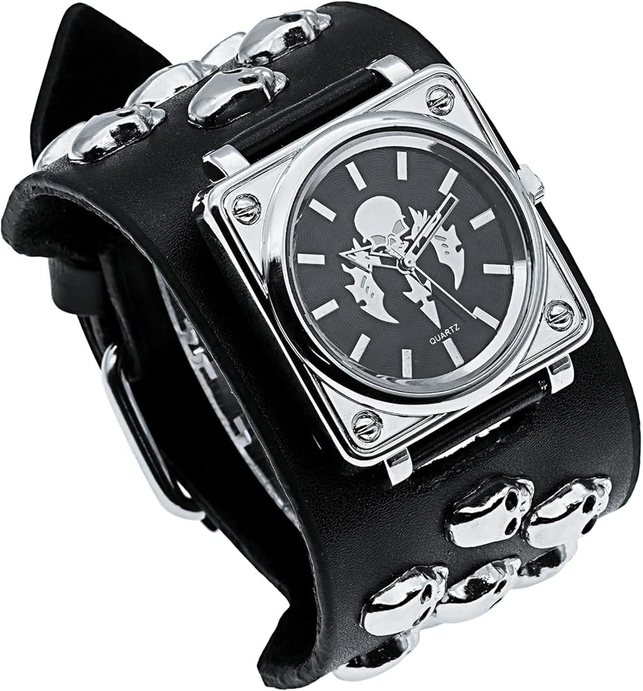 Good Leather Punk Skull Quartz Men's Square Wrist Watch,Big Dial Skull Women's Watch,Silver Skull Elements,Fashion Gift Watch Cool Rock Watch