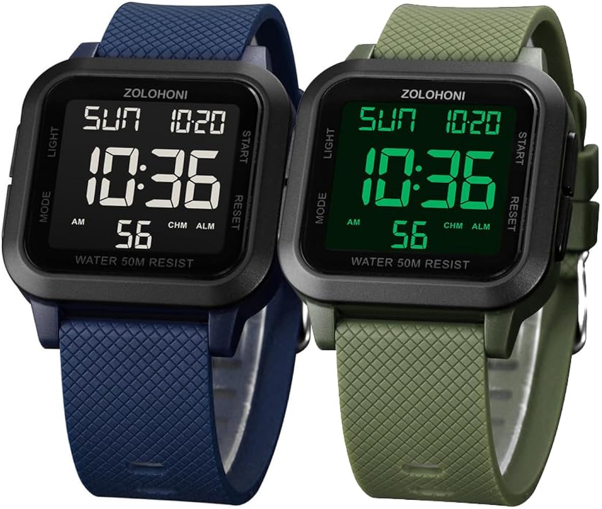 Square Men's Digital Watch Big Numbers Dial Large Face Waterproof LED Green Watch Square Men's Digital Watch Big Numbers Dial Large Face Waterproof LED Blue Watch