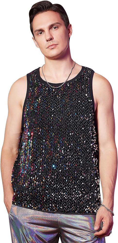 WDIRARA Men's Sequin Sleeveless Round Neck Tank Top T Shirt Party Top