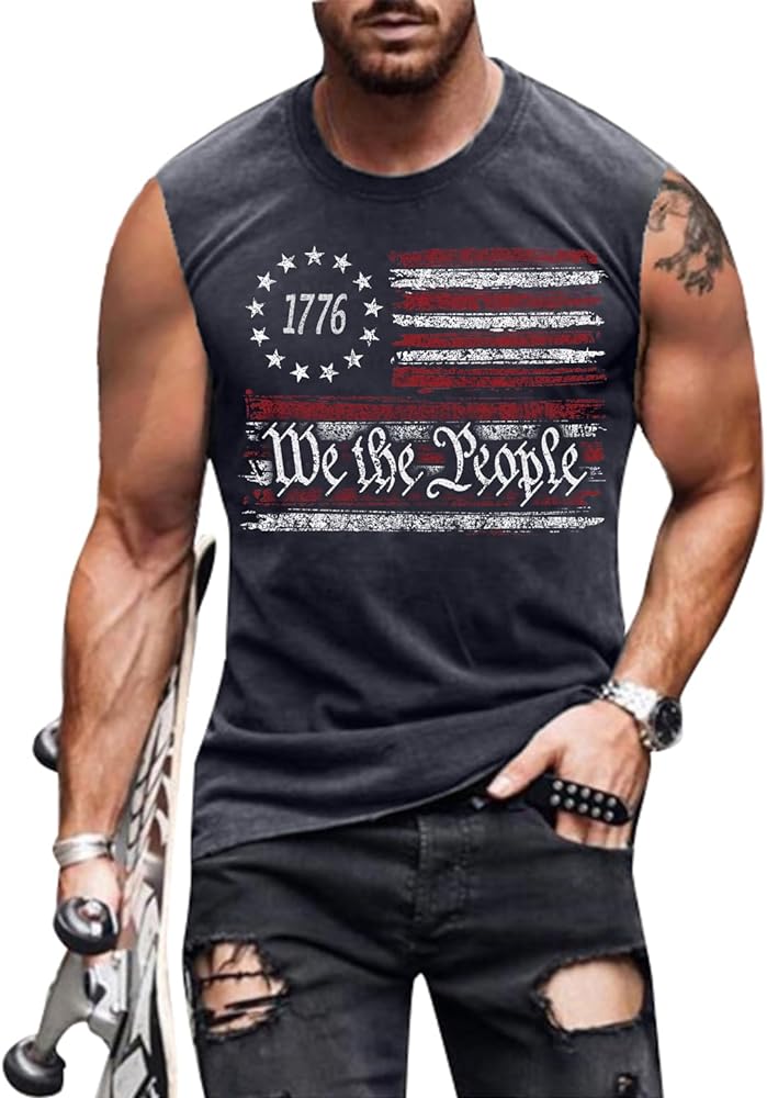 4th of July Shirts Mens Muscle Tank Top 1776 Sleeveless Graphic Gym Workout USA Flag Shirt