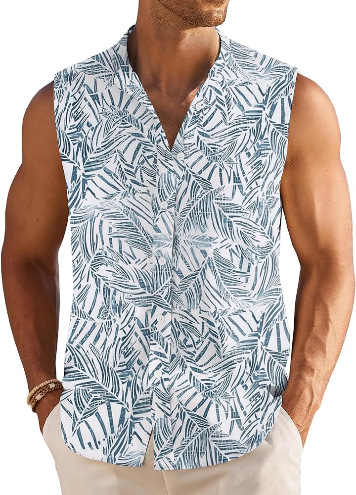 COOFANDY Men's Summer Beach Tank Tops Sleeveless Button Up Shirt Casual Textured Tank Shirts