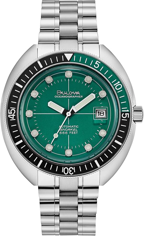 Bulova Men's Oceanographer Stainless Steel 3-Hand Automatic Watch, Green Dial Style: 96B322