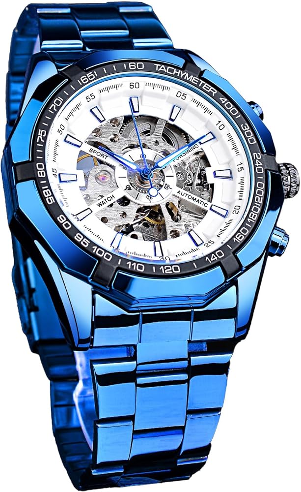 FORSINING Men's Watch Self-wind Skeleton Hollow Out Mechanical Automatic Luxury Watches, Blue Black Stainless Steel Band Waterproof Wristwatch