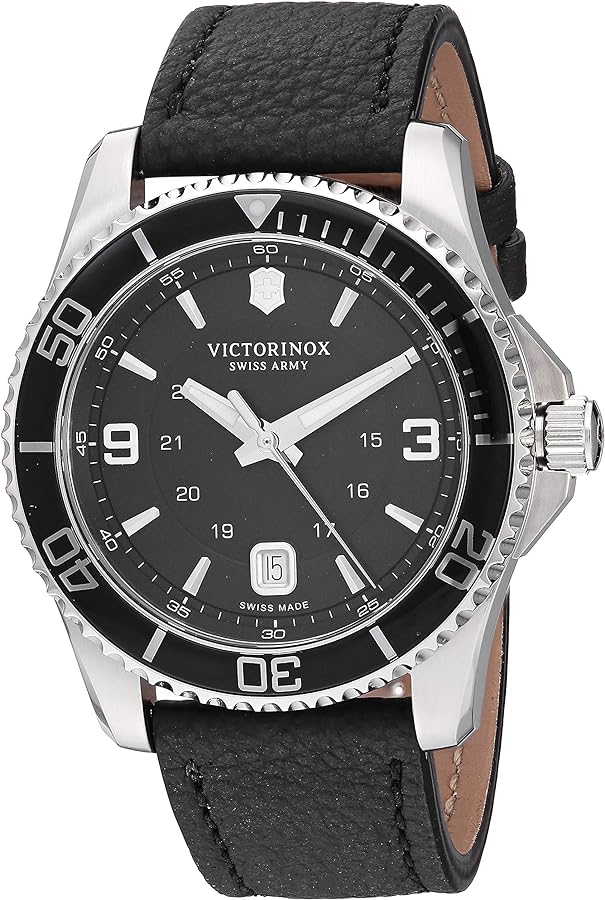 Victorinox Men's Stainless Steel Swiss Quartz Watch with Leather Strap, Black, 21.4 (Model: 241862)