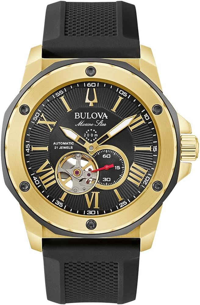 Bulova Men's Marine Star Black and Gold-Tone Silicone Strap Watch | 45mm | 98A272