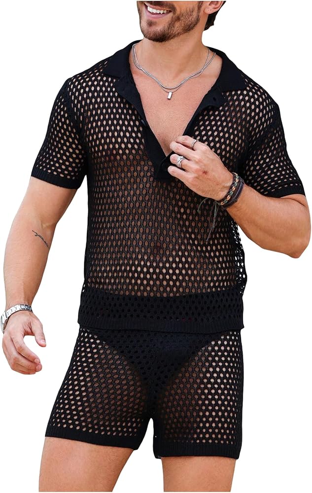 Verdusa Men's 2 Piece Summer Beach Outfits Hollow Out Sheer Top Cover Up Short Sets