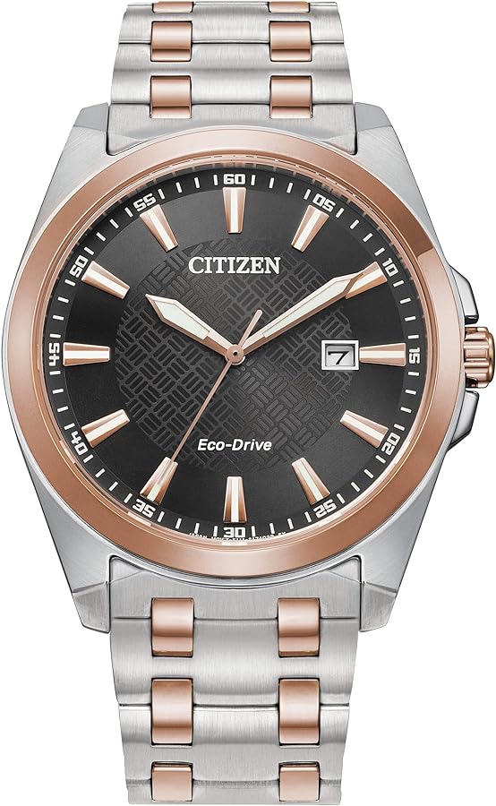 Citizen Men's Eco-Drive Classic Peyton Watch, 3-Hand Date, Sapphire Crystal, Luminous Markers, Two Tone Rose Gold/ Brown Dial