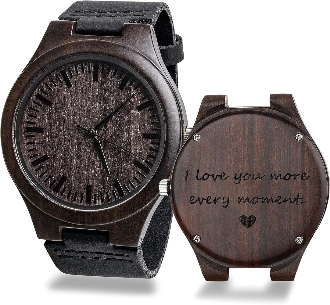 Engraved Mens Vintage Analog Quartz Wooden Wrist Watches Handmade Casual Men Father Watch with Cowhide Leather Strap Personalized Gifts for Men Husband Boyfriend Dad