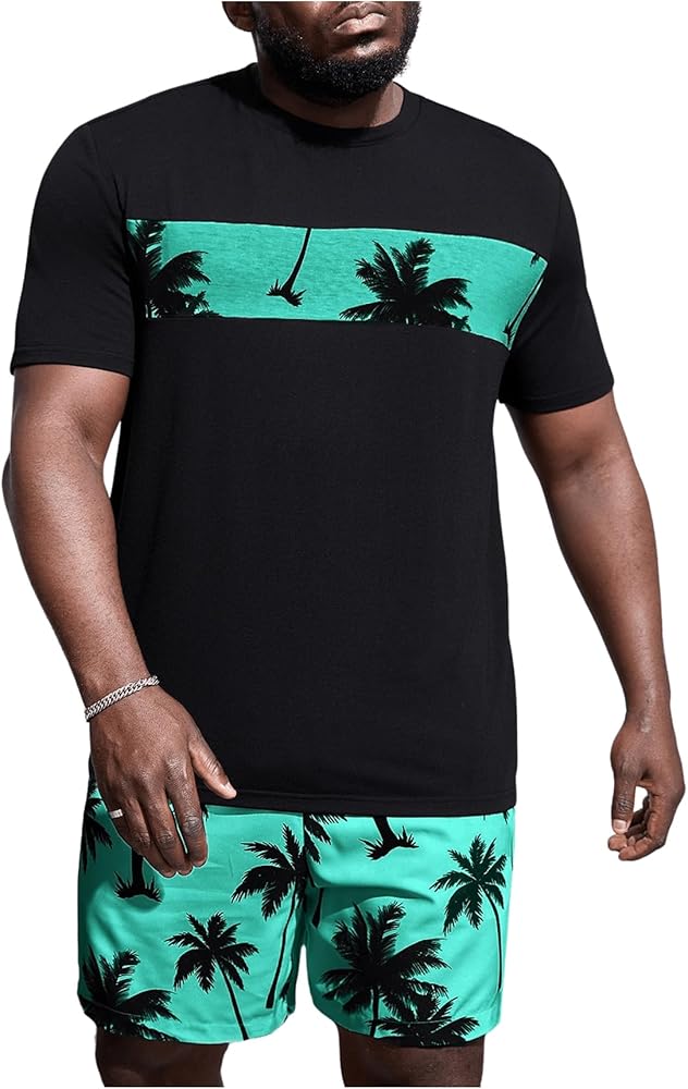 Floerns Men's 2 Piece Boho Outfit Tree Print Tee Shirt with Beach Shorts Set