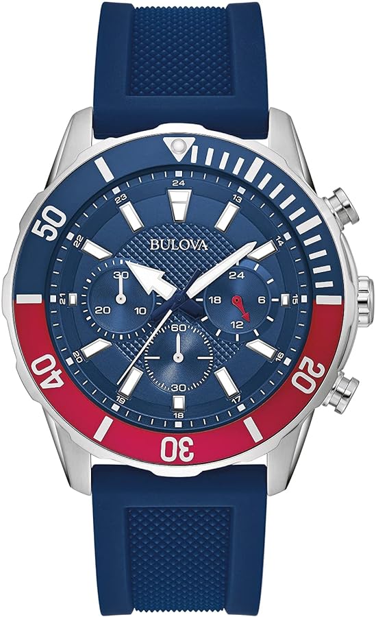 Bulova Men's Sport 6-Hand Chronograph Quartz Watch with Silicone Strap, 24 Hour Time, Calendar Date, Luminous Hands and Markers, 100M Water Resistant, 44mm Style: 98A288