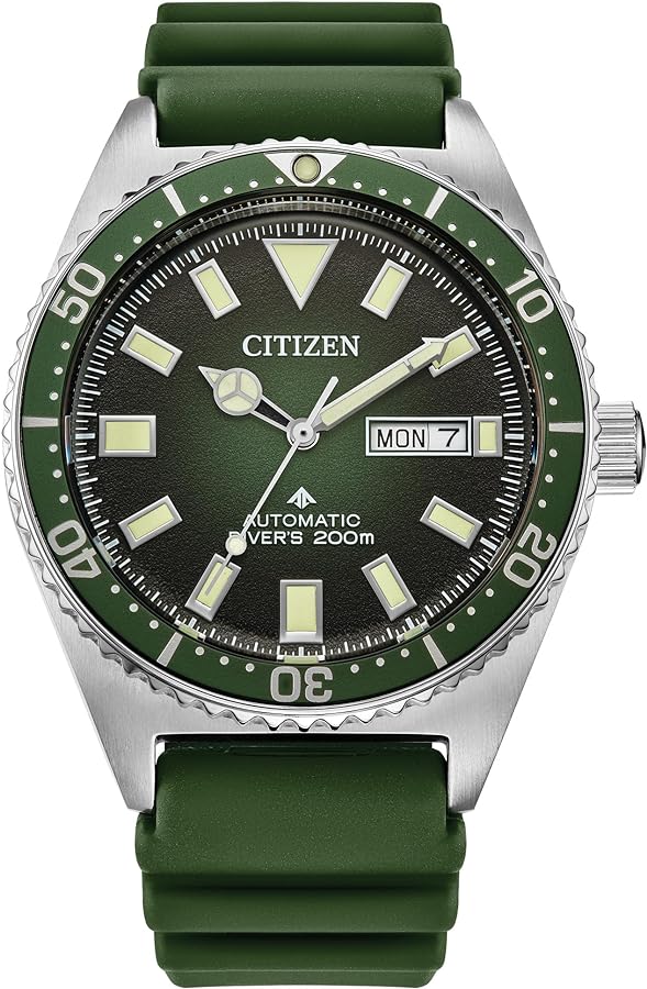 Citizen Men's Promaster Dive Automatic 3-Hand Stainless Steel on Green Polyurethane Strap Watch, Day Date, Luminous, 41mm