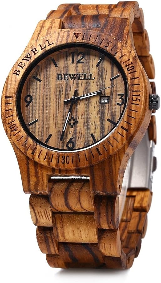 Bewell W086B Mens Wooden Watch Analog Quartz Lightweight Handmade Wood Wrist Watch (Zebra Wood)