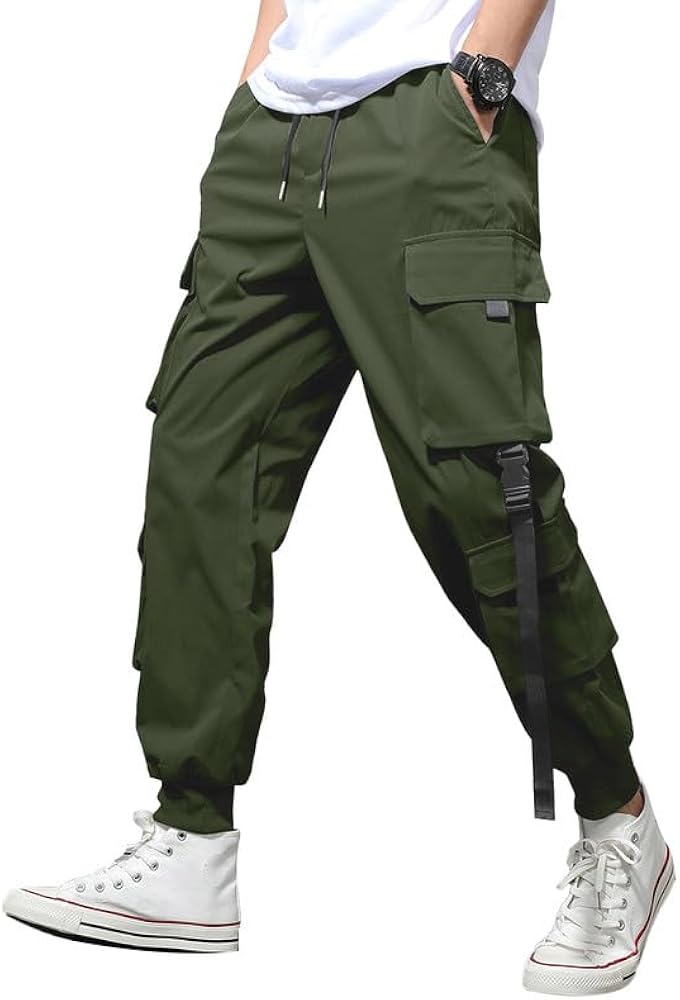 JMIERR Mens Casual Cargo Pants Stretch Elastic Waist Drawstring Joggers Pants Tapered Sweatpants for Men Multi Pockets