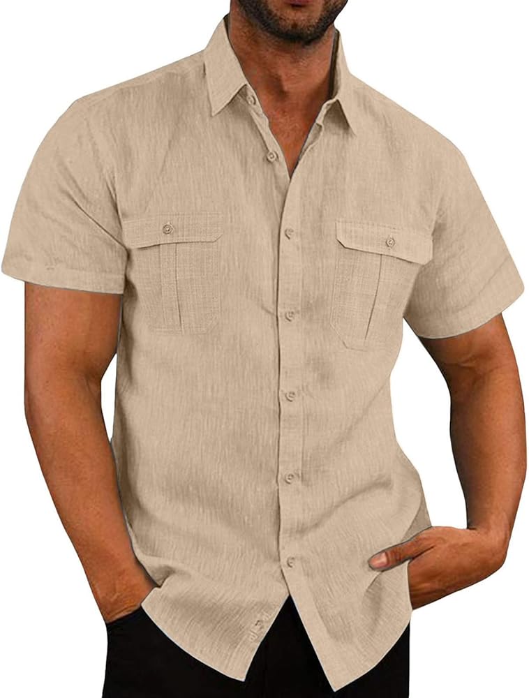 Men Short Sleeve Lightweight Shirts Simple Solid Color Shirt Collared Casual Stylish Button Up Tees