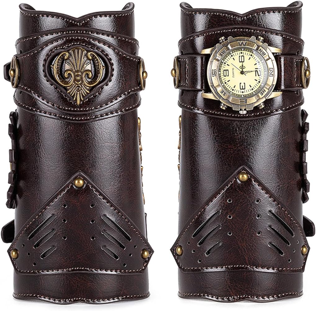 Avaner Men's Steampunk Leather Wristwatch: 2 Pack Vintage Leather Bracers Watch Arm Armor Cuff for Cosplay Costume