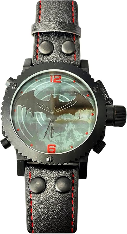 Accutime DC Comic - Batman Arkham City Analog-Quartz Mens Watch in Black Faux Leather Strap with Buckle Closer