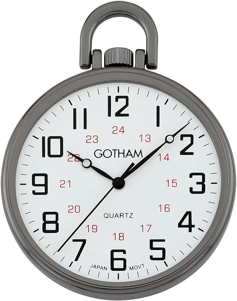 Gotham Men's Gunmetal Ultra Thin Railroad Open Face Quartz Pocket Watch # GWC15026B