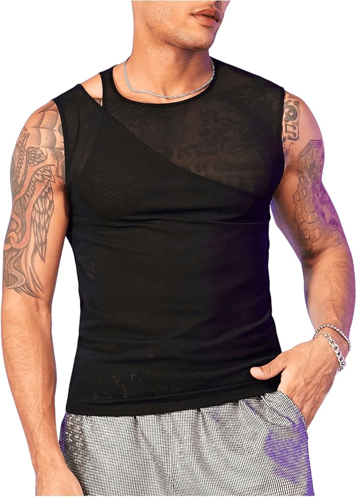 WDIRARA Men's Cut Out Tee Contrast Mesh See Through Round Neck Sleeveless Slim Fit Tank Top