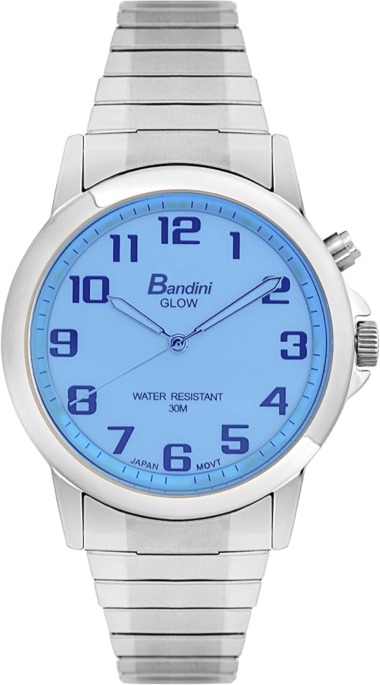 Bandini Mens Expansion Light up Glow Watch - Long Stainless Steel Stretch Band - 38mm Analog Men's Metal Watches, Japanese Quartz, White Dial, Large Easy Read Numbers, Glow in Dark Hands - Many Colors