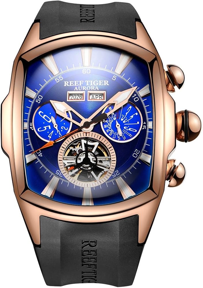 REEF TIGER Sport Watches for Men Rose Gold Tone Tourbillon Wrist Watches Rubber Strap RGA3069 (RGA3069-PLB)