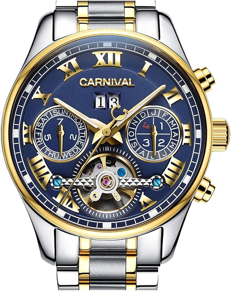 WhatsWatch Carnival Men's Watch Automatic Mechanical Tourbillon Stainless Stell Date Blue Dial Skeleton Watch