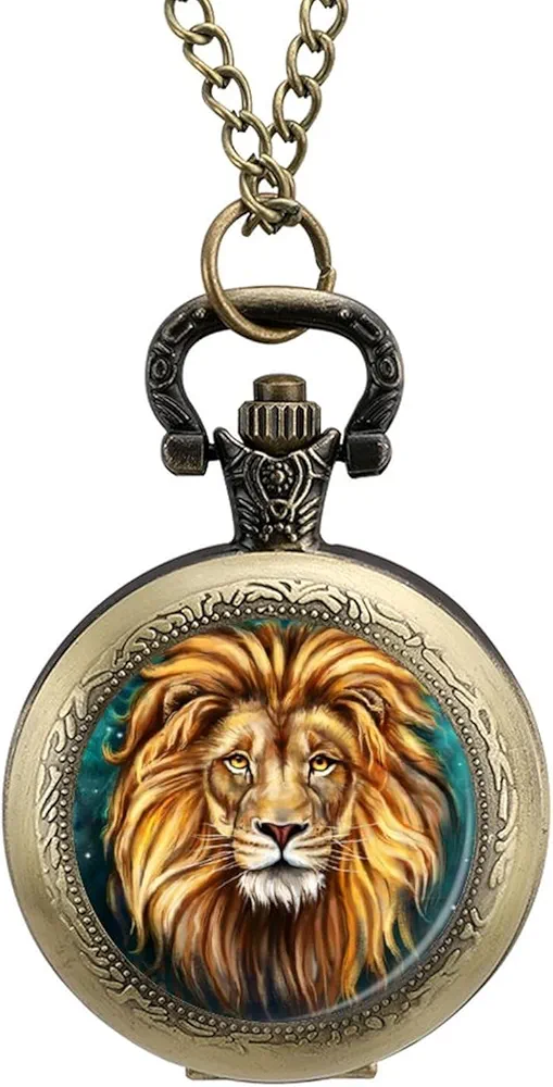 Animal Lion Pocket Watch Vintage Quartz Watches for Mens Womens Watch with Chain Coppery-Color