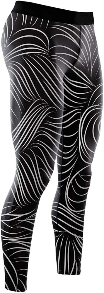 Men’s UV Sun Protection Compression Long Leggings - Skin Tights for Sports, Black Wave,Large