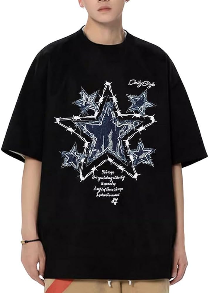 Graphic Tees Y2K for Men Women Star Patchwork Oversized Shirts Crew Neck Vintage Tops Grunge Summer Clothes.