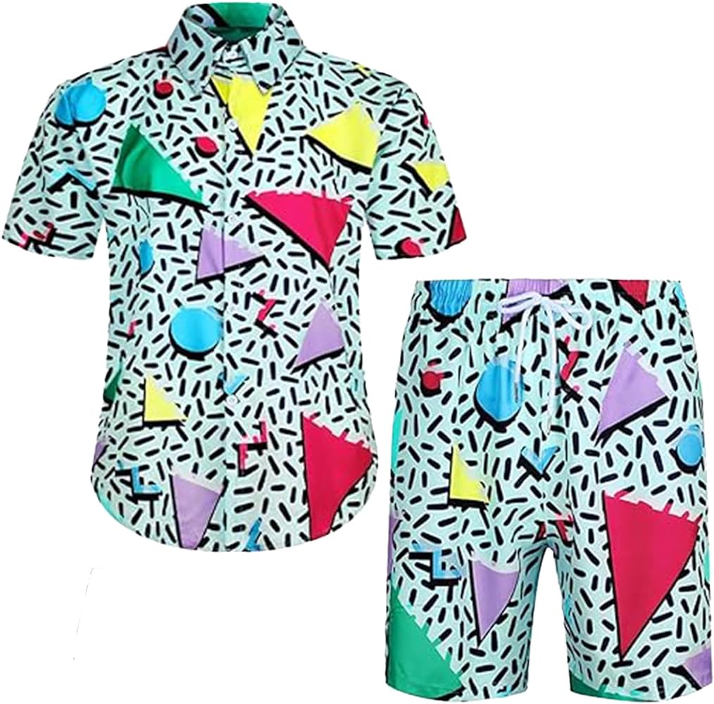 Men's 2 Pieces 80s 90s Outfit Retro 90s Shirts and Shorts Set Vintage Active Tracksuits for Disco Party