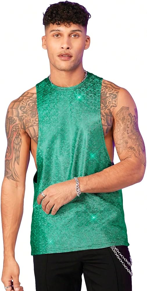 WDIRARA Men's Glitter Sequin Round Neck Sleeveless Tank Tops Cut Open Side Club Party T Shirt