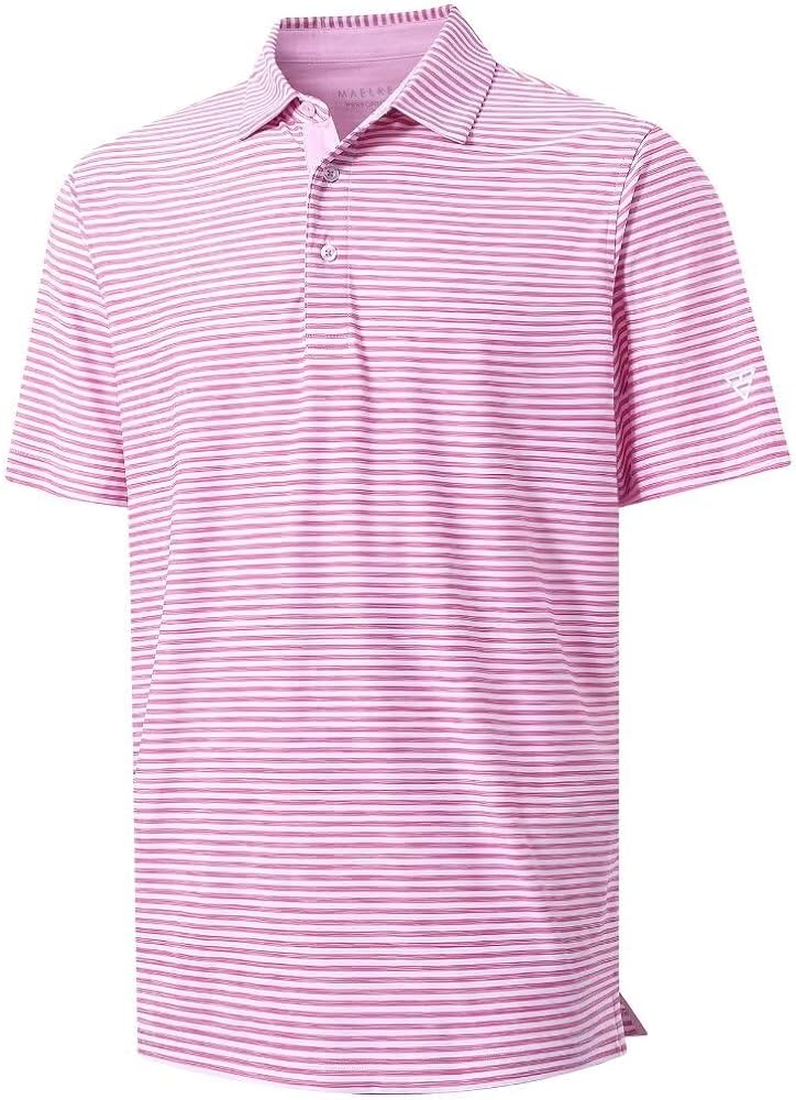 M MAELREG Golf Polo Shirts for Men Short Sleeve Dry Fit Striped Performance Moisture Wicking Collared Casual Mens Golf Shirt