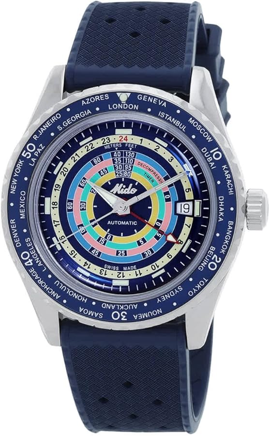 MIDO Ocean Star Decompression Worldtimer - Swiss Automatic Watch for Men - Blue Dial - Case 40.5mm - M0268291704100