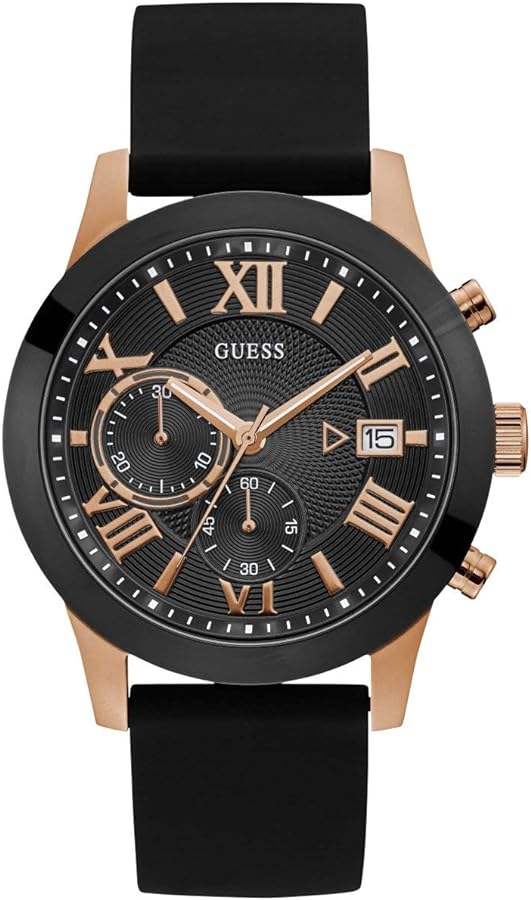 GUESS Comfortable Black + Rose Gold-Tone Stain Resistant Silicone Chronograph Watch with Date. Color:Black/Rose Gold-Tone (Model: U1055G3)