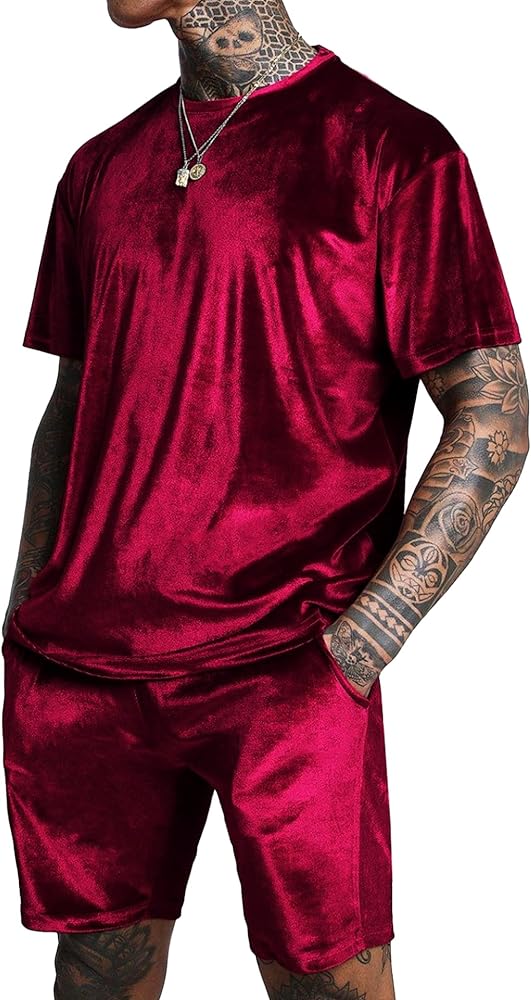 LecGee Men Summer Casual Sets Velour Short Sleeve Crewneck Shirt Pullover Elastic Waist Shorts 2 Piece Outfits Tracksuit