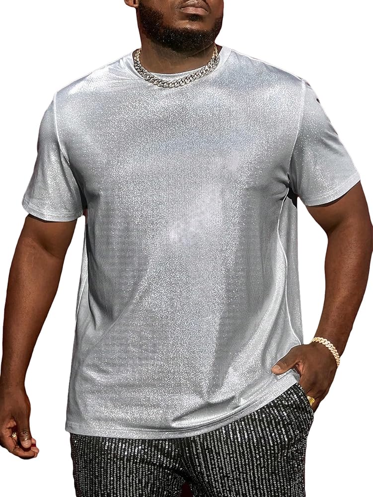 WDIRARA Men's Extended Sizes Metallic Round Neck Short Sleeve Tee Party Club Tops