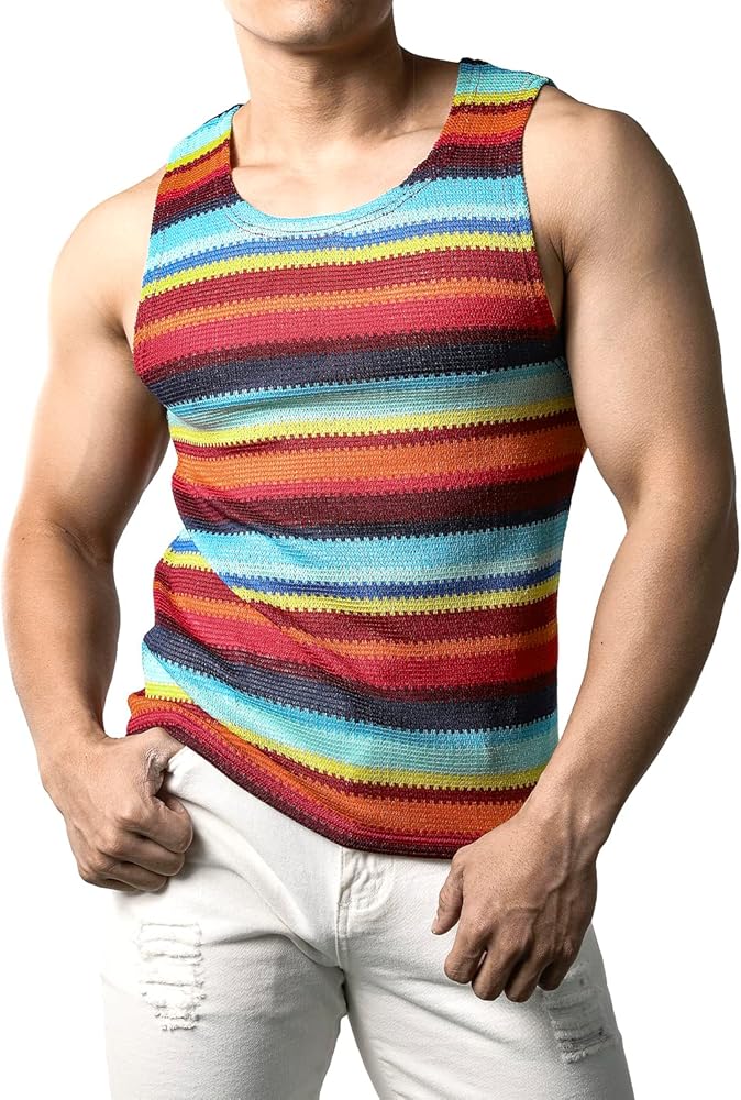 JOGAL Mens Rainbow Striped Sleeveless Shirts Multicolored Casual Tank Tops