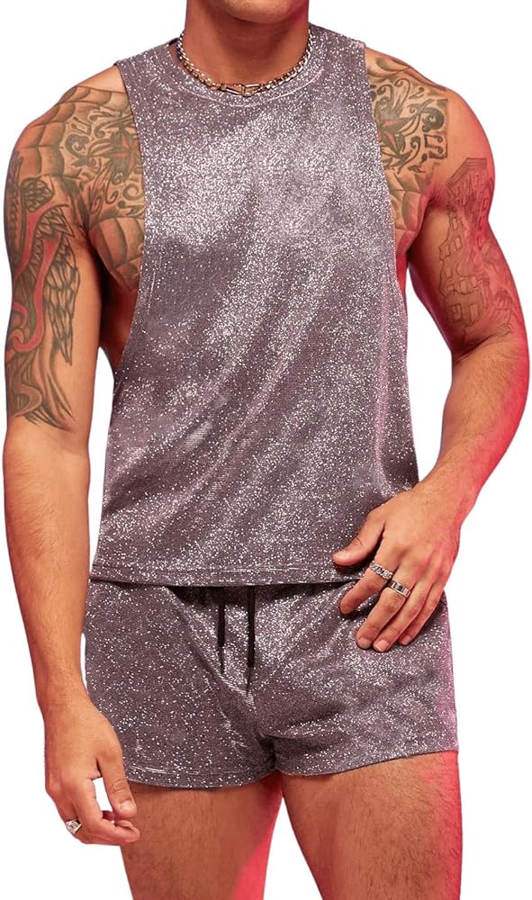 Verdusa Men's 2 Piece Sleeveless Crew Neck Glitter Tank Top And Drawstring Waist Shorts With Pockets Set