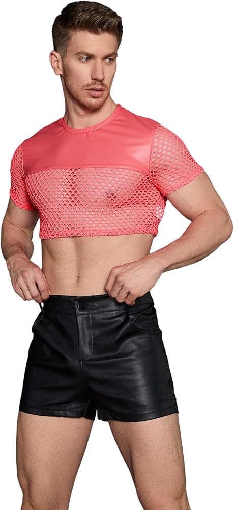 WDIRARA Men's Fishnet PU Leather Mesh T Shirts Round Neck Short Sleeve Crop Tee Top