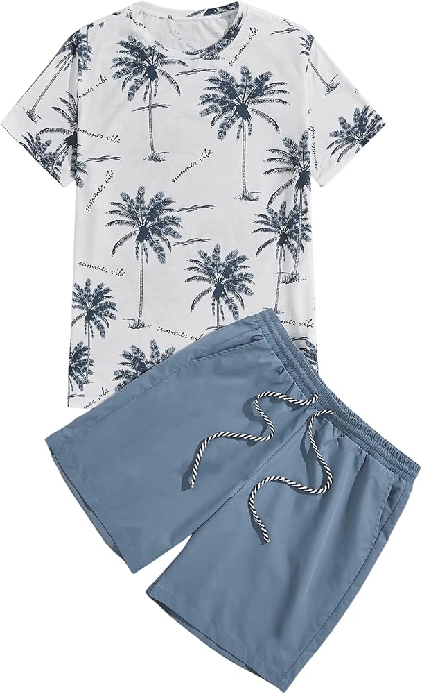 Milumia Men's Tropical Printed Short Sleeve Tee and Drawstring Pocket Shorts Set