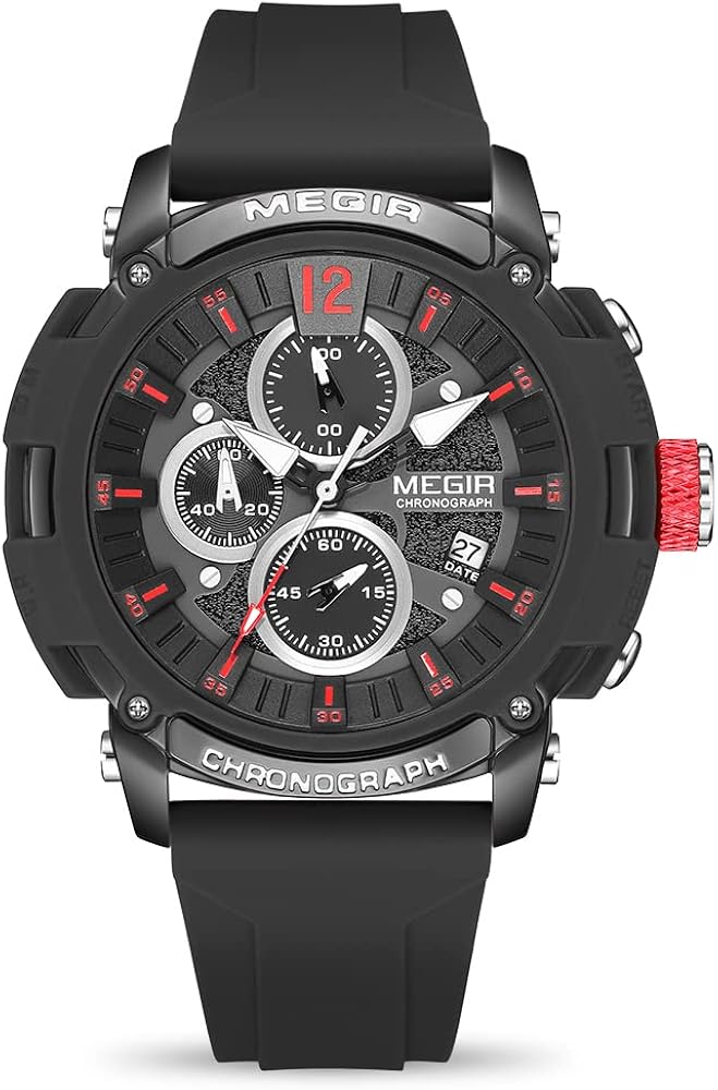 MEGIR Men's Analogue Quartz Sports Wrist Watches Chronograph Luminous Big Face with Soft Silicone Strap 2208 Black