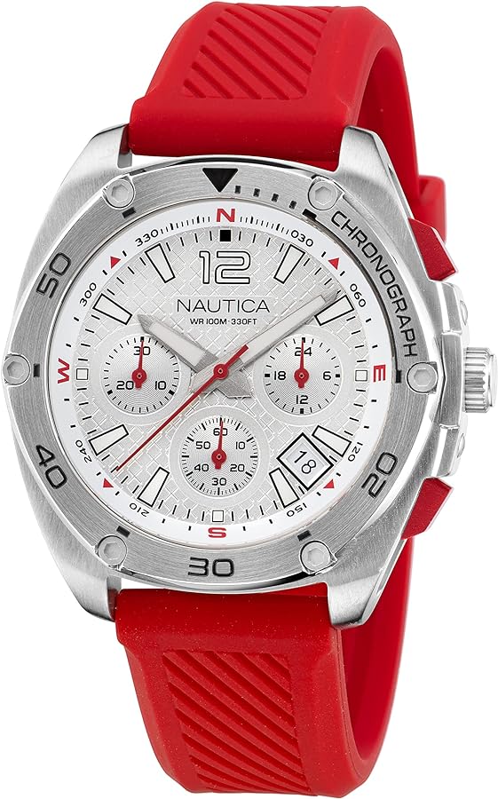 Nautica Men's Tin Can Bay Chrono Red Silicone Strap Watch (Model: NAPTCF205)